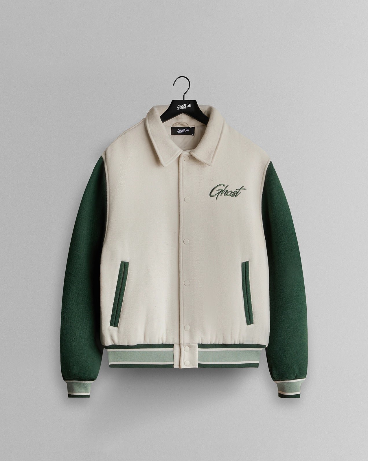 CoreVarsityJacketFront-2.jpg GHOST® CORE VARSITY JACKET | FOREST/NATURAL - Image 1