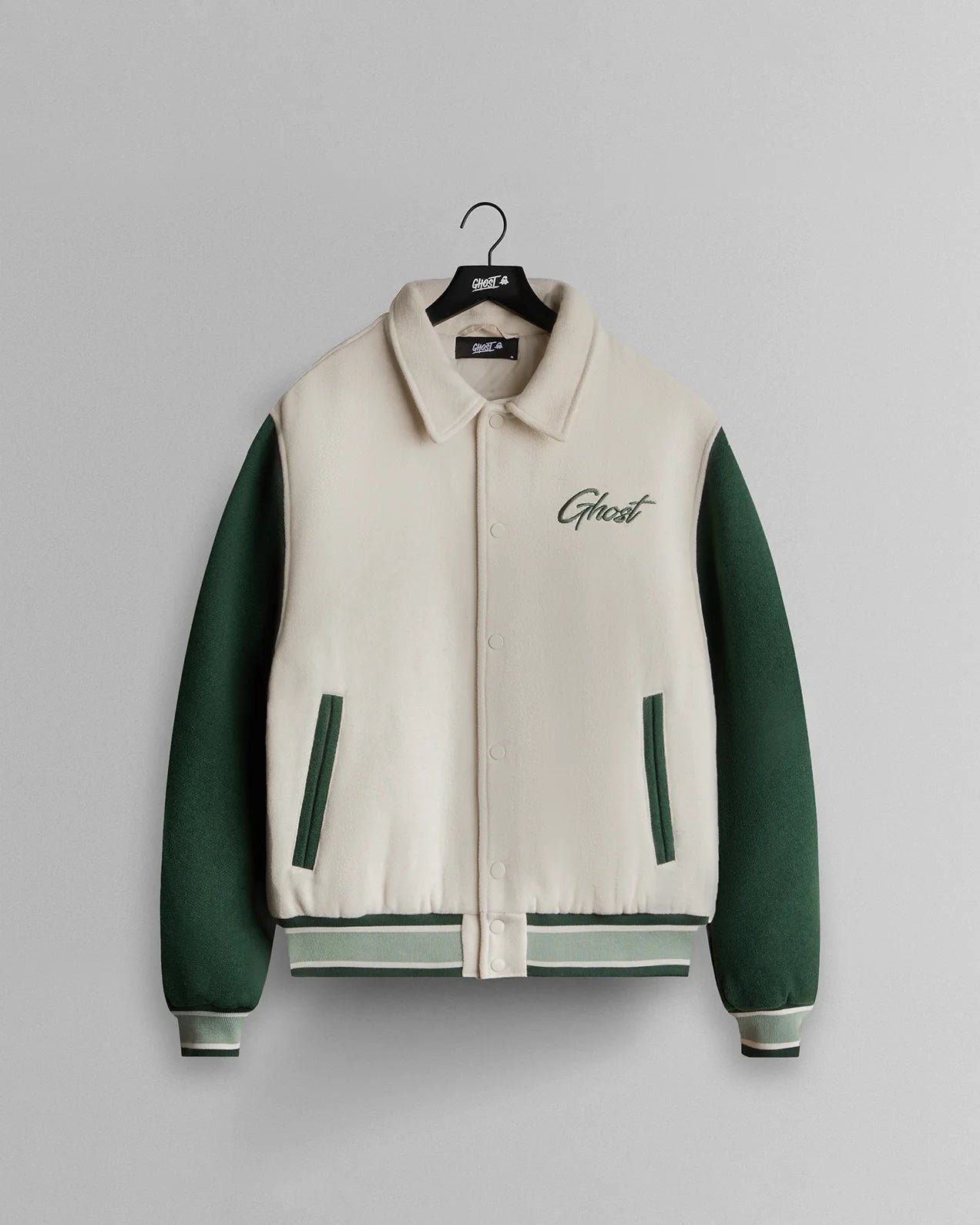 CoreVarsityJacketFront.jpg GHOST® CORE VARSITY JACKET | FOREST/NATURAL - Image 1